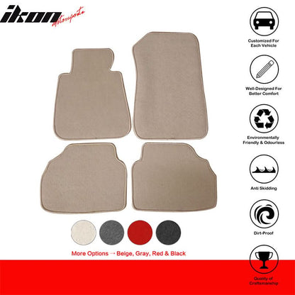 Beige carpet car floor mats for BMW E90 3 Series 2006-2011, 4-piece nylon set by K2 Industries, shown in a vehicle interior.