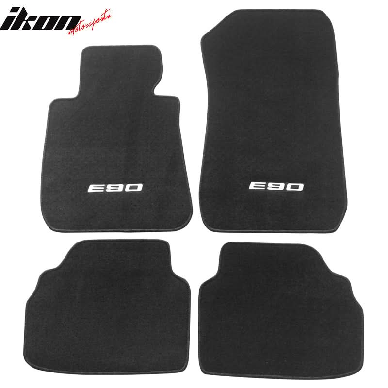 Black carpet car floor mats for BMW E90 3 Series 2006-2011, 4-piece set by K2 Industries, with nylon material and border detail.