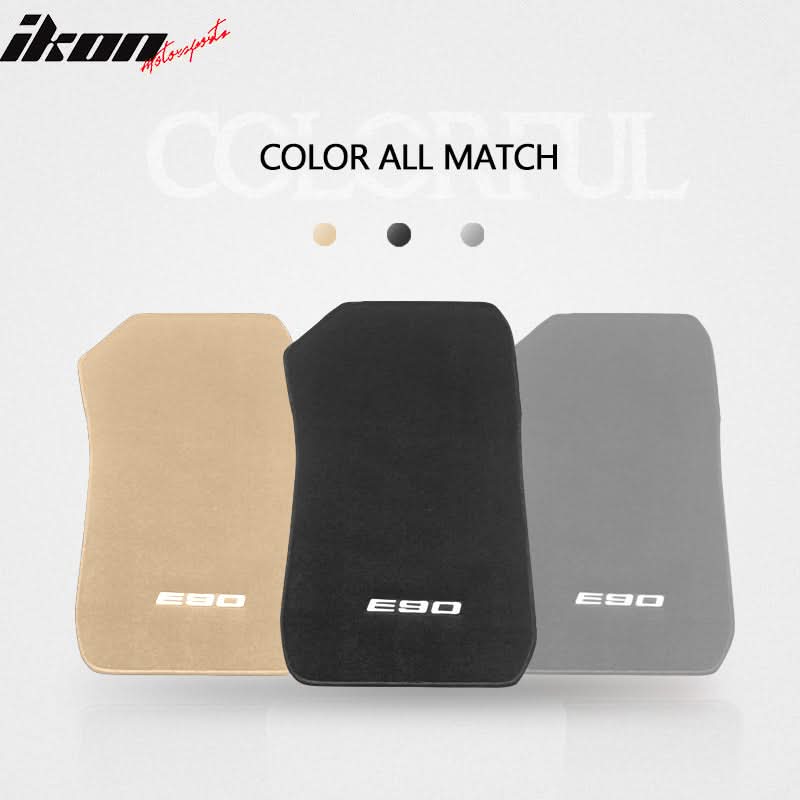 Black carpet car floor mats for BMW E90 3 Series (2006-2011), 4-piece set by K2 Industries, made of durable nylon material.