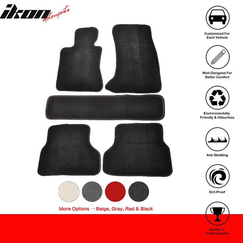 Black nylon car floor mats for BMW E60 5 Series 2004-2009, 5-piece set by K2 Industries, featuring durable carpet material.