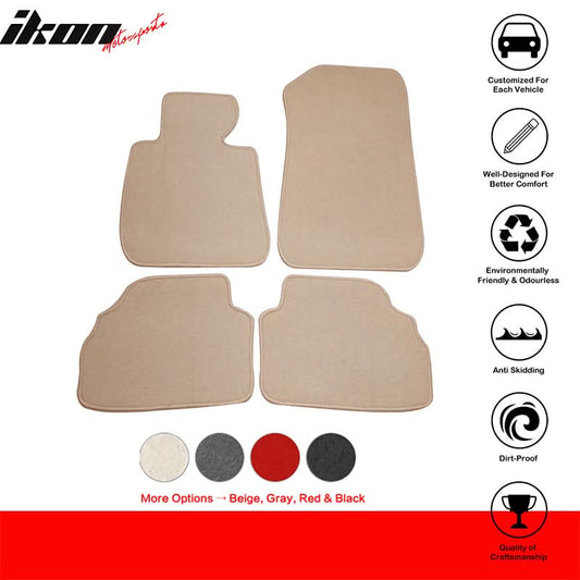 Beige carpet car floor mats for BMW E92 3 Series 2007-2013, 4-piece nylon set by K2 Industries, shown in the image.