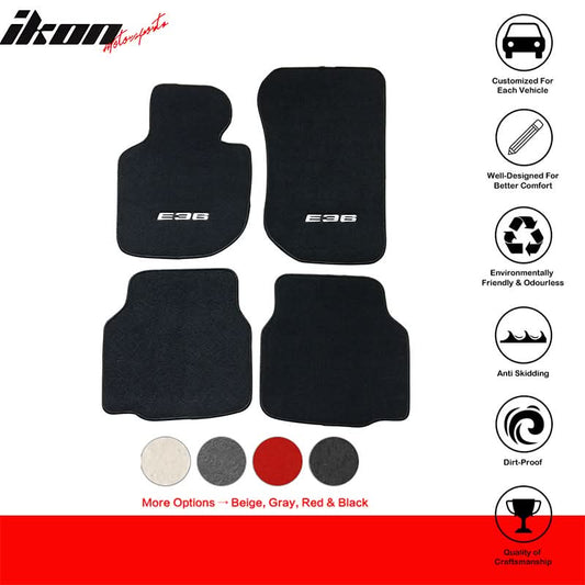 Black carpet car floor mats for 1992-1998 BMW E36 3 Series, 4-piece set by K2 Industries, nylon material, detailed interior protection