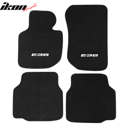 Black nylon carpet car floor mats for 1992-1998 BMW E36 3 Series, set of 4, by K2 Industries.