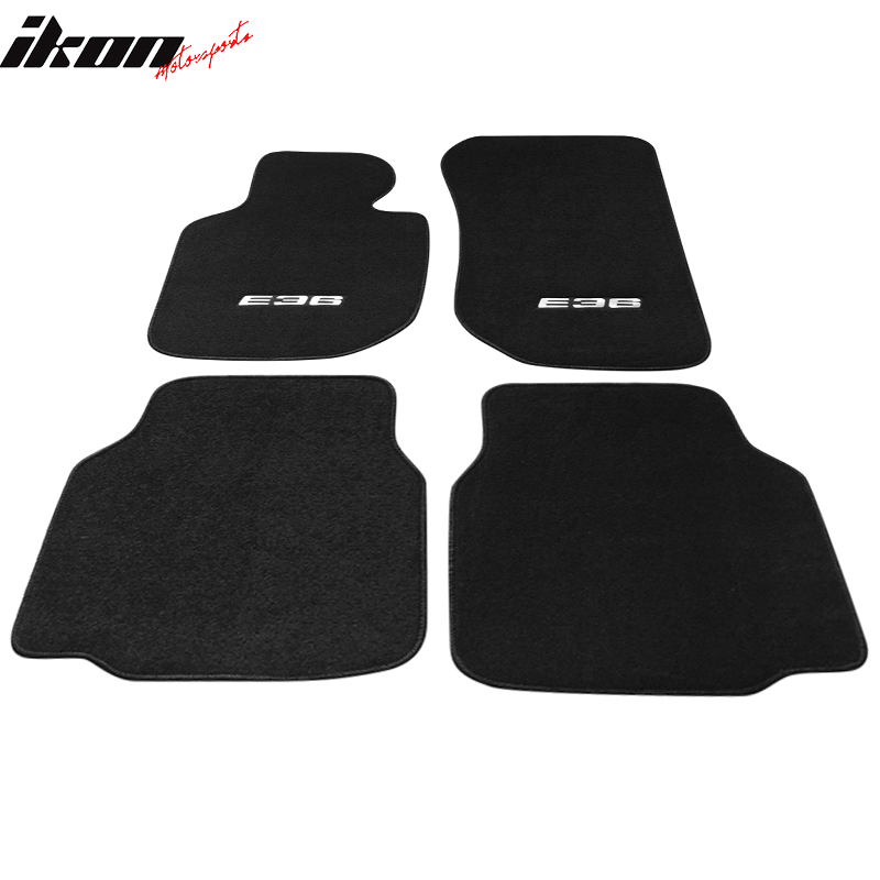 Black carpet car floor mats for 1992-1998 BMW E36 3 Series, 4-piece set by K2 Industries, nylon material with border detail.
