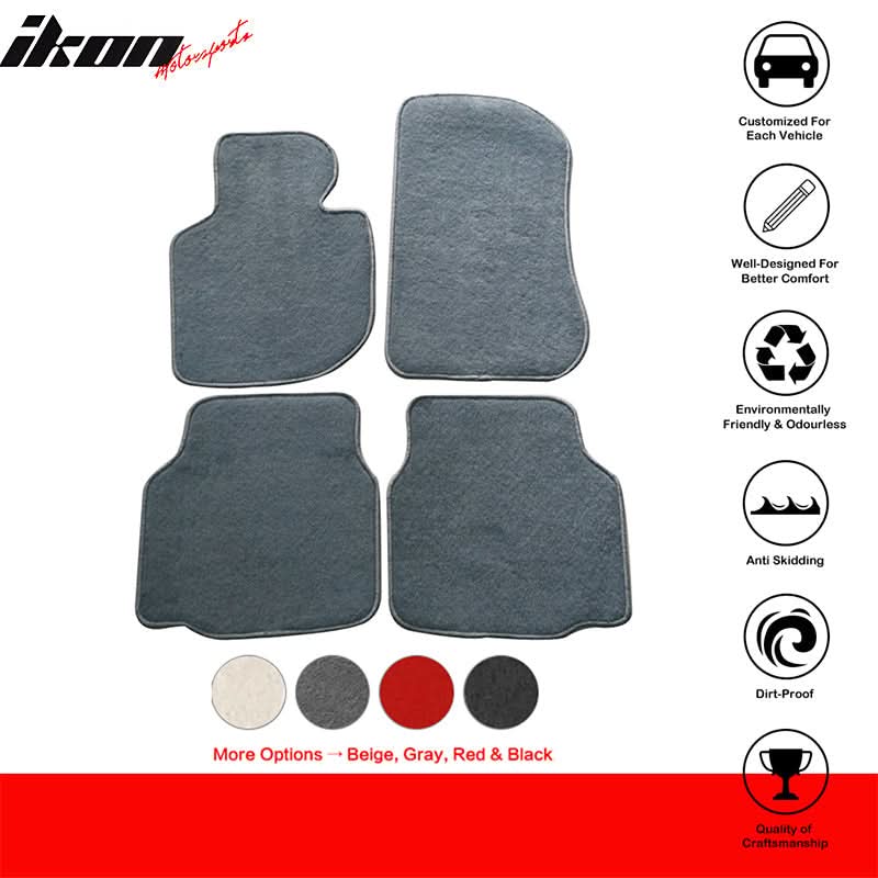Gray nylon car floor mats for BMW E36 3 Series 1992-1998, 4-piece set by K2 Industries, shown with textured carpet surface.