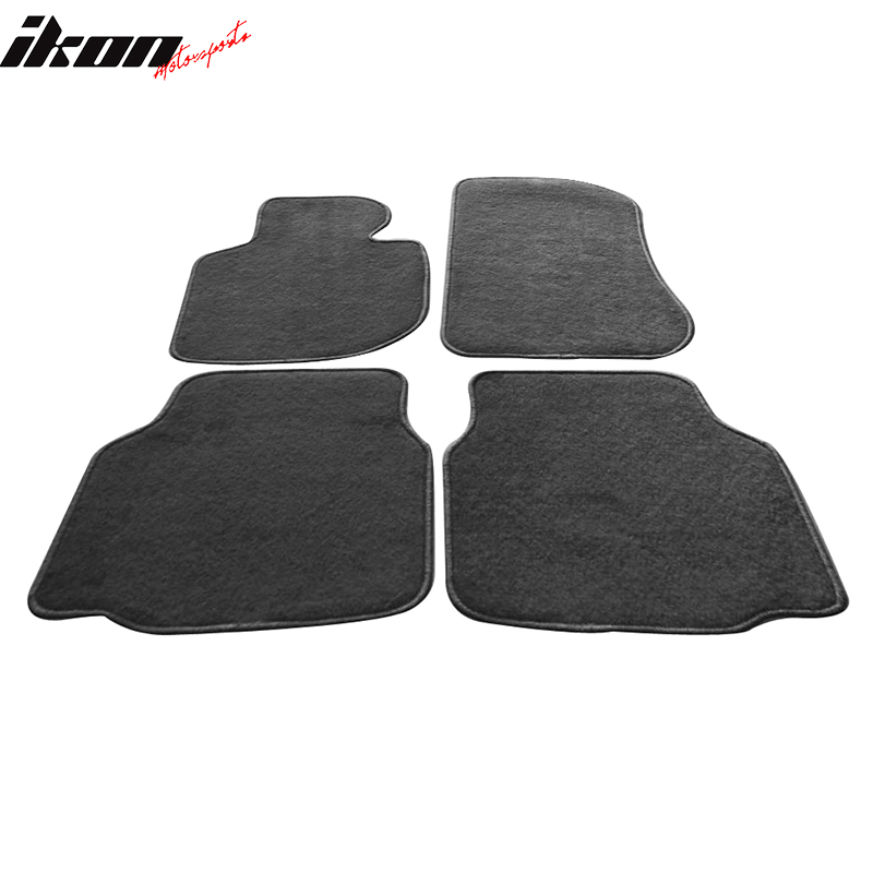 Gray nylon car floor mats for BMW E36 3 Series, 4-piece set by K2 Industries, showing textured carpet and border details.