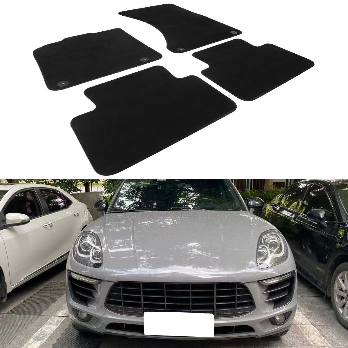 Set of four black nylon carpet floor mats for Porsche Macan 2015-2025 by K2 Industries, designed for driver and passenger sides.