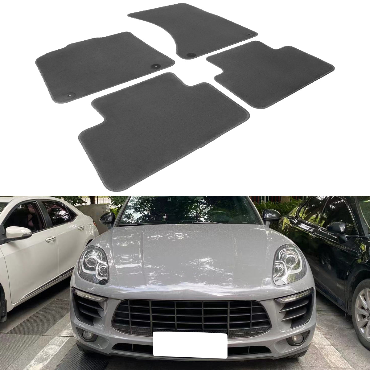 Set of four nylon carpet floor mats for Porsche Macan 2015-2025, designed for driver and passenger sides by K2 Industries.