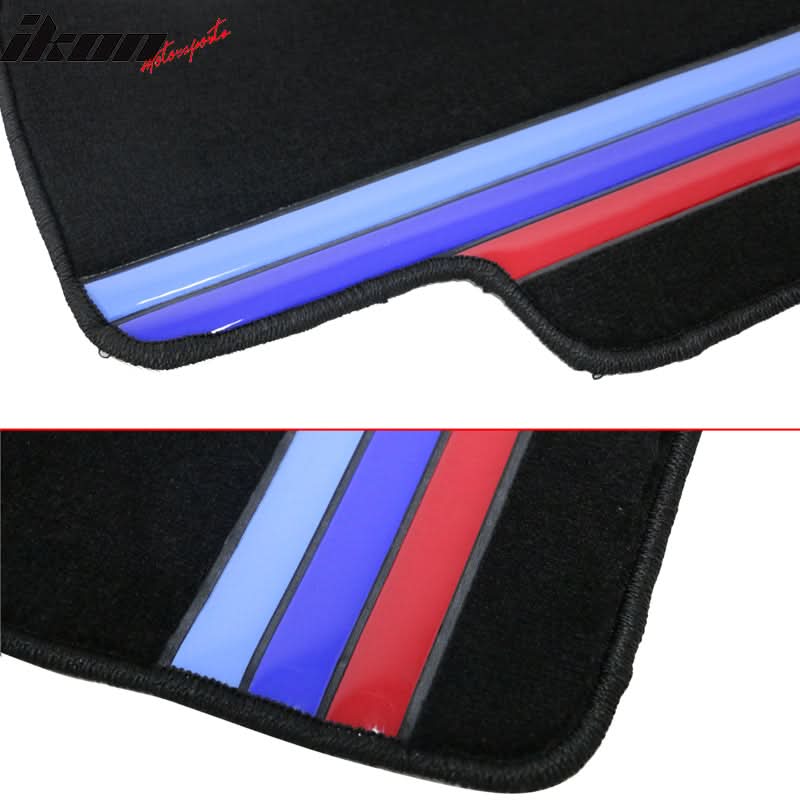 Black nylon car floor mats for BMW E60 5 Series 2005-2010, with M stripe design, four-piece set by K2 Industries.