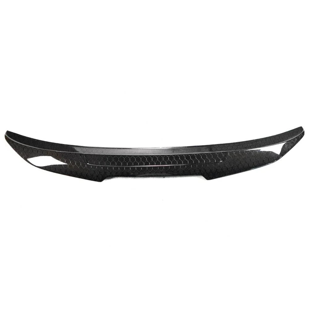 BMW F32 F33 F36 trunk spoiler with honeycomb carbon fiber finish by Palenon Performance, showcasing aerodynamic design and textured surface.