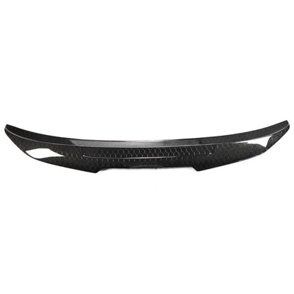 BMW F32 F33 F36 trunk spoiler with honeycomb carbon fiber finish by Palenon Performance, showcasing aerodynamic design and textured surface.