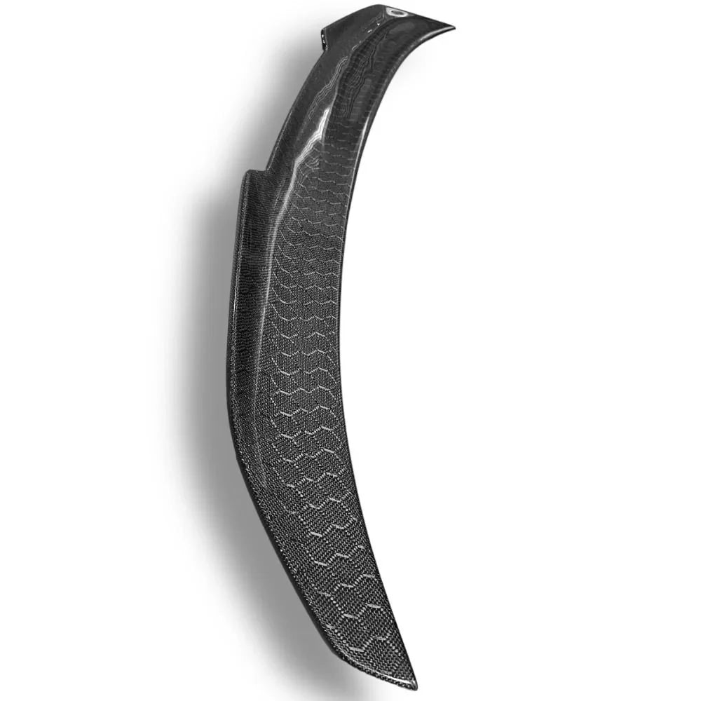 BMW F32 F33 F36 trunk spoiler with honeycomb carbon fiber finish, designed for sporty styling and aerodynamic enhancement.