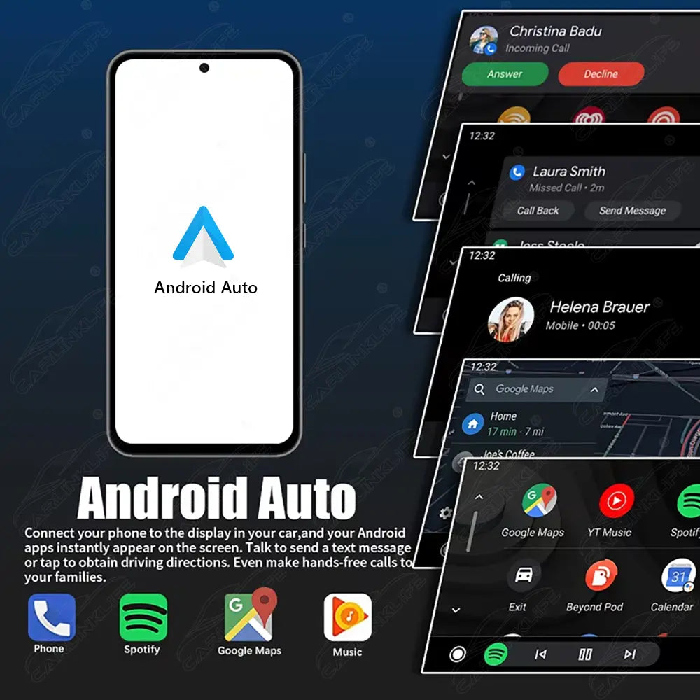 Promotional graphic for Android Auto showing a smartphone with the Android Auto logo on the screen, alongside layered screenshots of connected car infotainment interfaces. Text reads 'Android Auto' and lists features like connecting phone to display in a car, sending text messages, and making hands-free calls.
