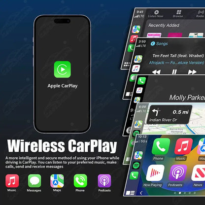 Promotional graphic for Apple CarPlay, showing a smartphone with the Apple CarPlay icon on its screen and several overlapping car dashboard interface screenshots on the right. Large text reads 'Wireless CarPlay' with explanatory copy below on a dark blue background.