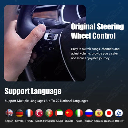 Promotional graphic for a steering wheel control module, showing a hand on a car steering wheel with the control buttons highlighted. Text reads 'Original Steering Wheel Control' and 'Support Language' with 'Support Multiple Languages, Up To 70 National Languages' and a row of language flags at the bottom.