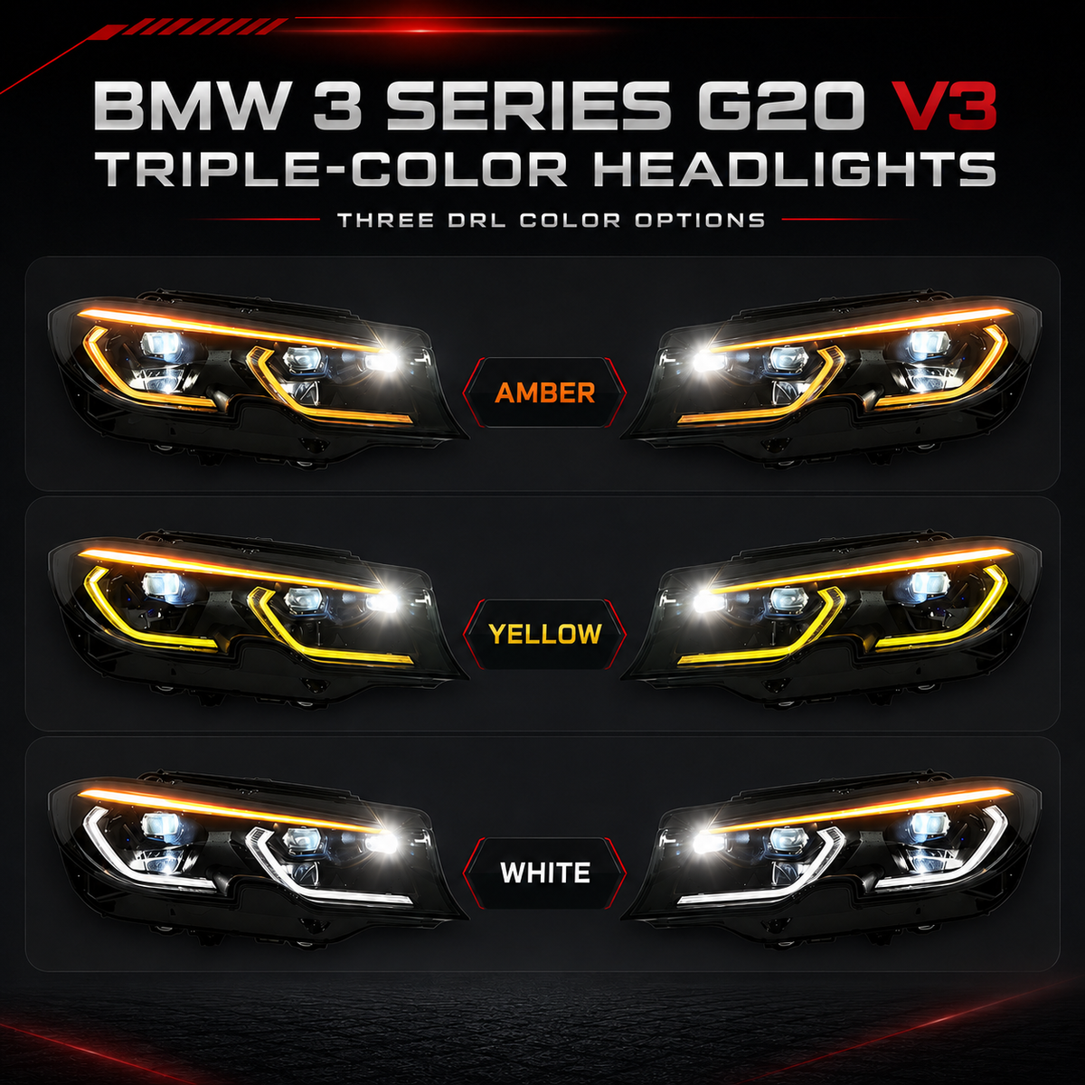 Vekto V3 Tri-Color LED headlights installed on a BMW G20/G28 3 Series sedan, showcasing bright multi-color lighting at night.