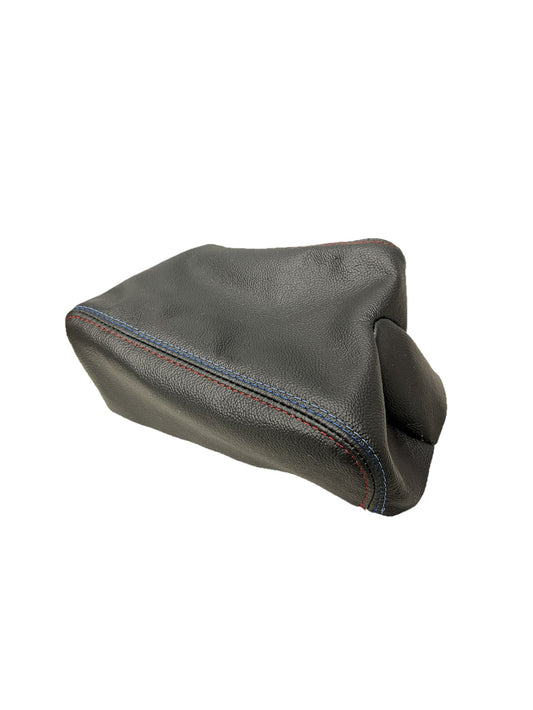 Leather suede console armrest cover with M Stitching for BMW E36 E46 center console, custom upholstery by JTS.