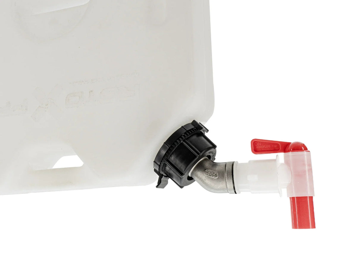 GoWesty Deluxe Spout Kit with gasket installed on Rotopax water container for easy pouring and secure seal.