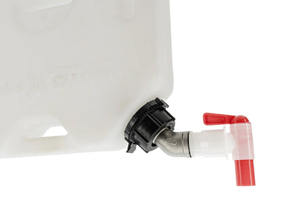 GoWesty Deluxe Spout Kit with gasket installed on Rotopax water container for easy pouring and secure seal.