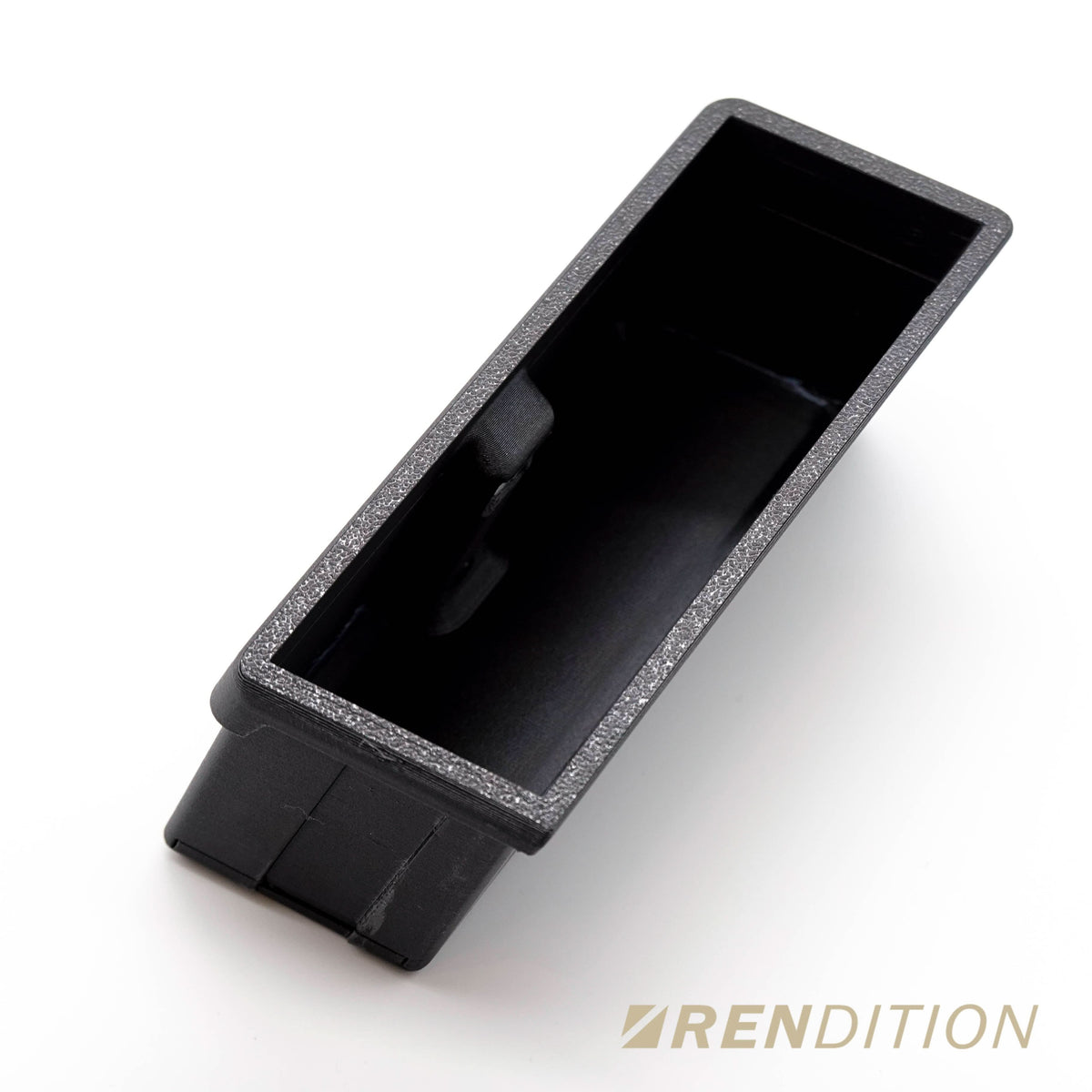 BMW E30 rear ashtray storage box by K2 Industries, interior car accessory, showing the black plastic compartment in the vehicle interior.