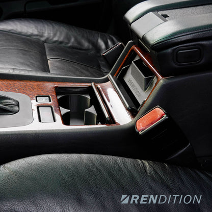 BMW E38 interior center console storage drawer by K2 Industries, showing its organized compartments and sleek design.