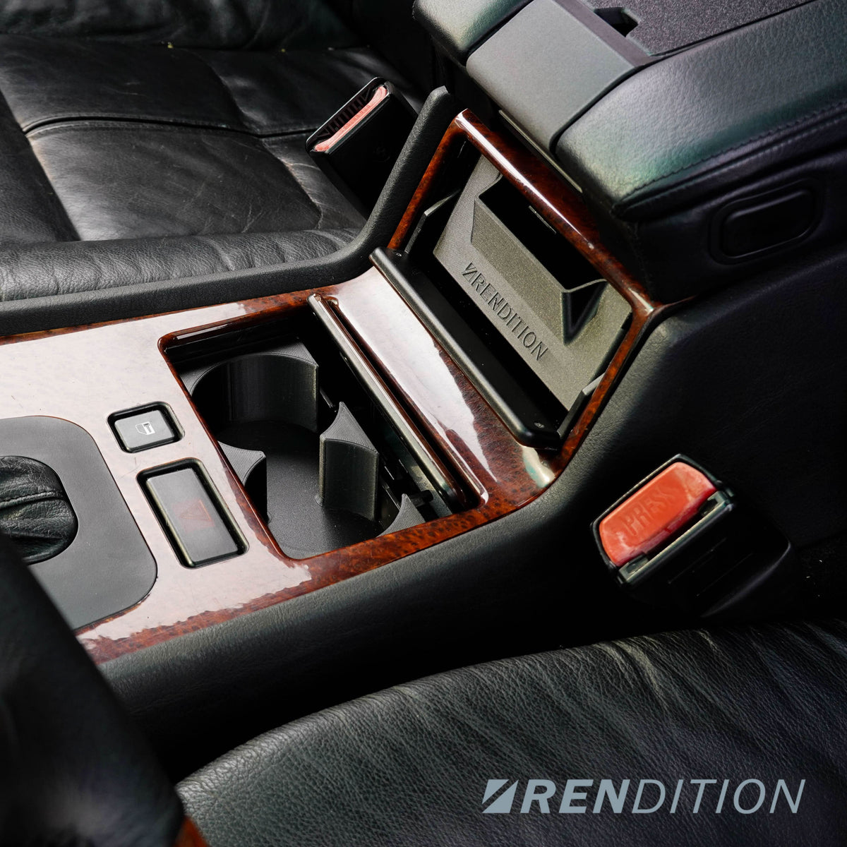 BMW E38 interior center console storage drawer by K2 Industries, showing the organized compartment and sleek design.
