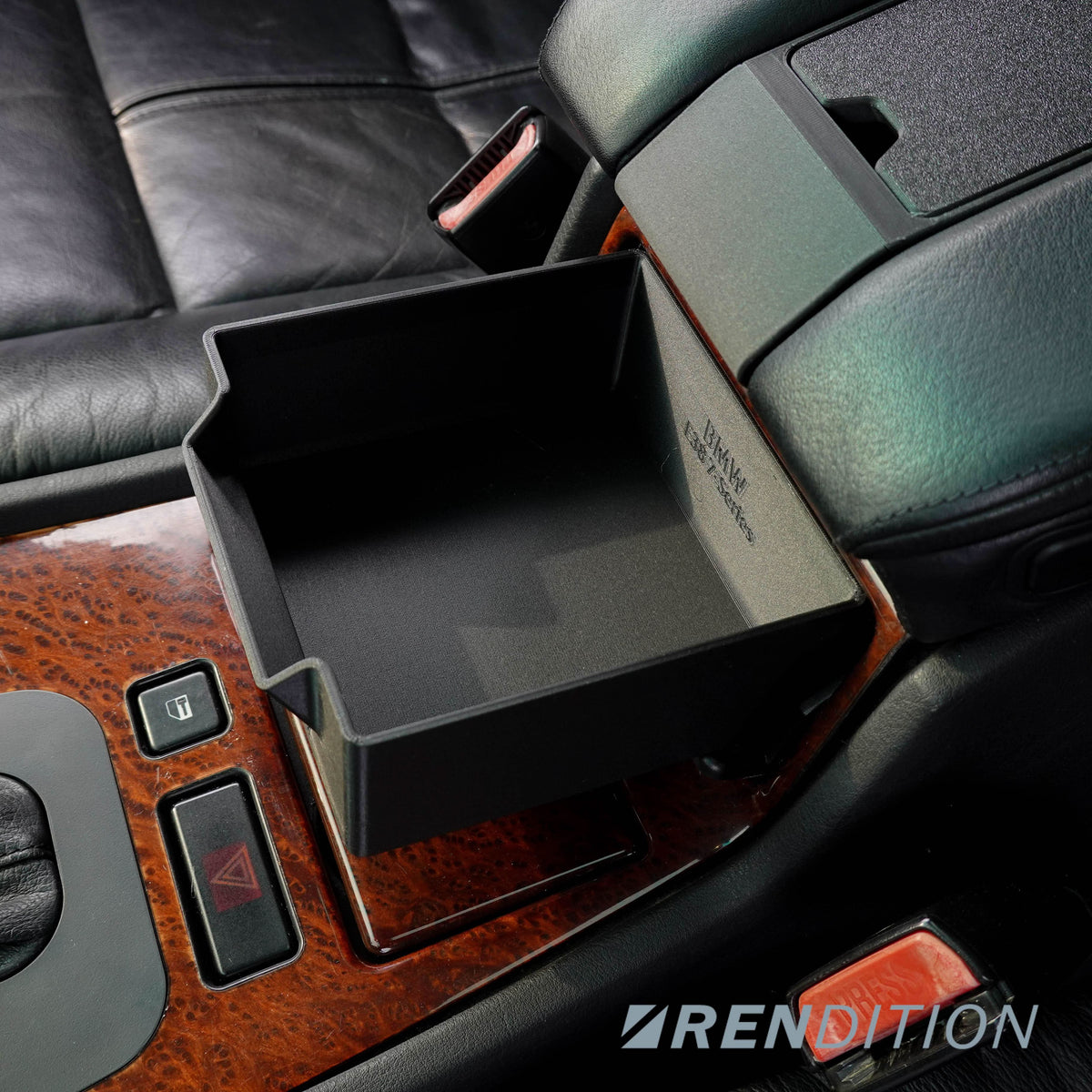 BMW E38 interior center console storage drawer by K2 Industries, showing organized compartment and sleek design.
