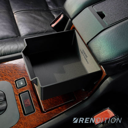 BMW E38 interior center console storage drawer by K2 Industries, showing organized compartment and sleek design.