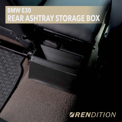 BMW E30 rear ashtray storage box by K2 Industries, interior car accessory, showing the black plastic cover with detailed design.