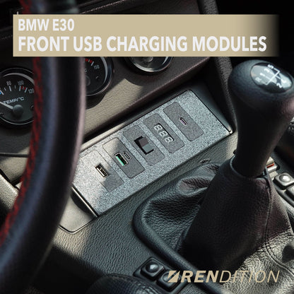 BMW E30 interior front USB charging modules by K2 Industries, showing close-up of the charging ports and module installation.