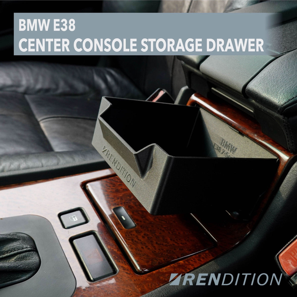 BMW E38 interior center console storage drawer by K2 Industries, showing the organized compartment and sleek interior design.