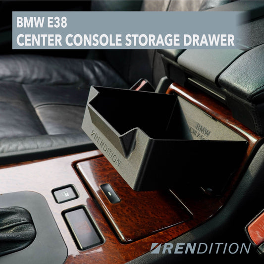 BMW E38 interior center console storage drawer by K2 Industries, showing the organized compartment and sleek interior design.