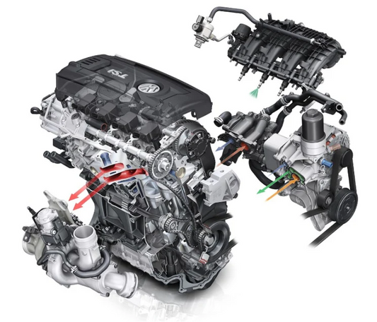 Bayern Automotive DAS MOTOR HAUS EA888 engine recondition complete components add-on kit with various engine parts on a clean surface.