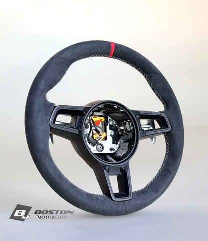 Red PDK Porsche 991.2 steering wheel by Boston Motortech, featuring sporty design and premium leather detailing.