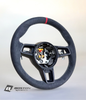Red PDK Porsche 991.2 steering wheel by Boston Motortech, featuring sporty design and premium leather detailing.