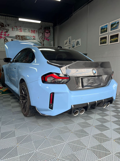 BMW 2 Series G87 M2 2023+ carbon fiber rear splitters by K2 Industries, showing sleek aerodynamic design and high-quality finish.