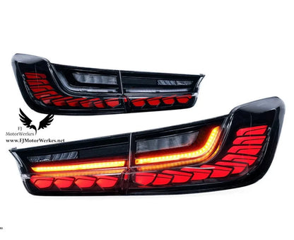 Vekto GTS OLED tail lights for BMW G20 3 Series and G80 M3, cherry red smoked finish, showing sleek LED design