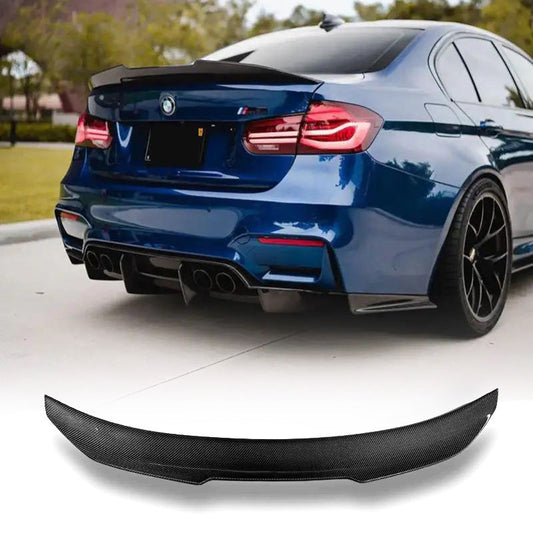 BMW F87 M2 and F22 PSM carbon fiber rear spoiler, lightweight CF trunk spoiler by Palenon Performance on a sporty car.