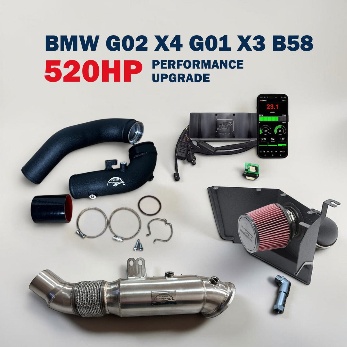 BMW G02 X4 M40i B58 520HP performance upgrade package by Palenon Performance, featuring high-performance components and tuning.