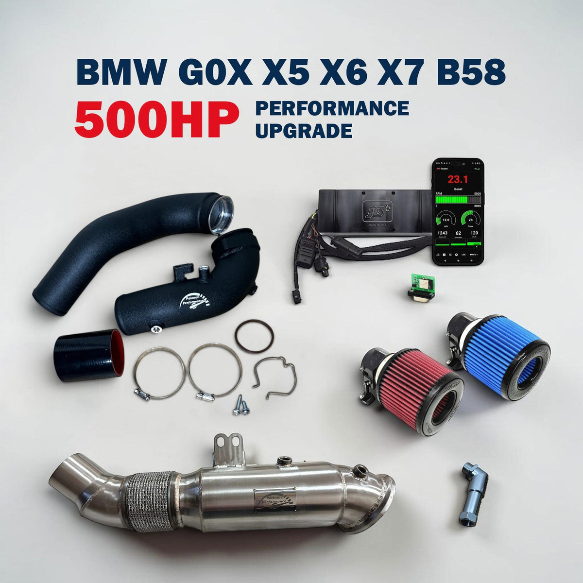 500HP performance upgrade package for 2018-2023 BMW G05 X5, G06 X6, G07 X7 40i by Palenon Performance, showing engine components.