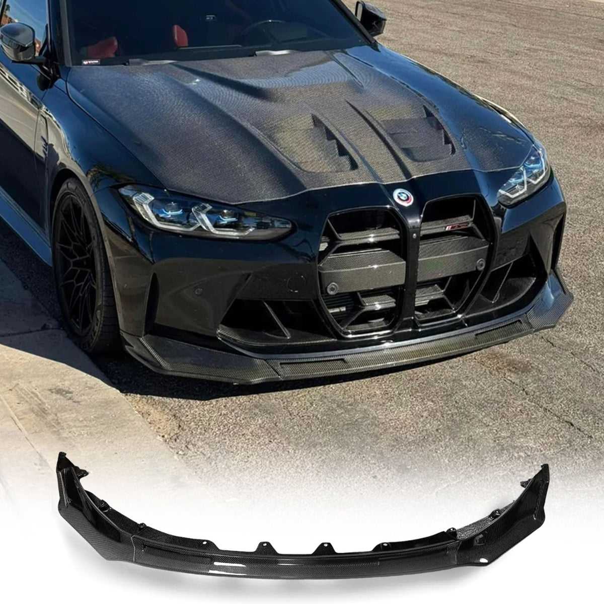 Carbon fiber V Style front lip for BMW G80 M3, G82 M4, G83 M4 from Palenon Performance, showcasing sleek aerodynamic design.