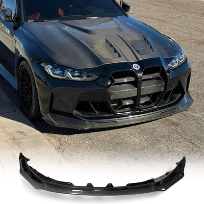 Carbon fiber V Style front lip for BMW G80 M3, G82 M4, G83 M4 from Palenon Performance, showcasing sleek aerodynamic design.