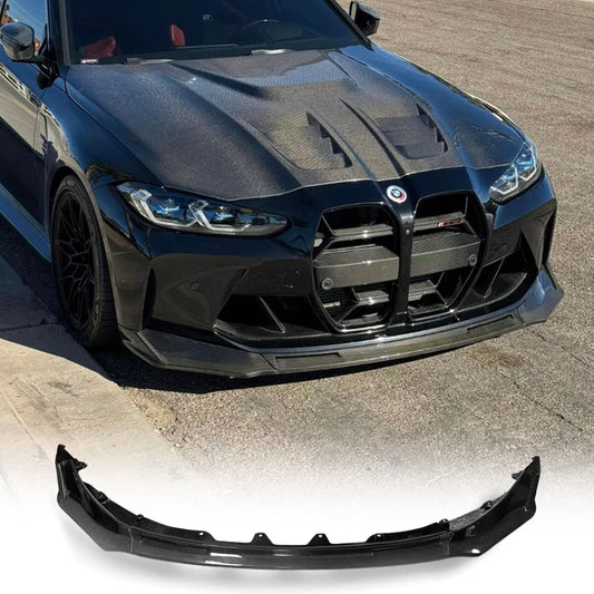 Carbon fiber V Style front lip for BMW G80 M3, G82 M4, G83 M4 from Palenon Performance, showcasing sleek aerodynamic design.