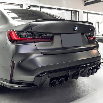 Carbon fiber rear diffuser for BMW G80 M3 and G82/G83 M4, featuring sleek aerodynamic design by Palenon Performance.