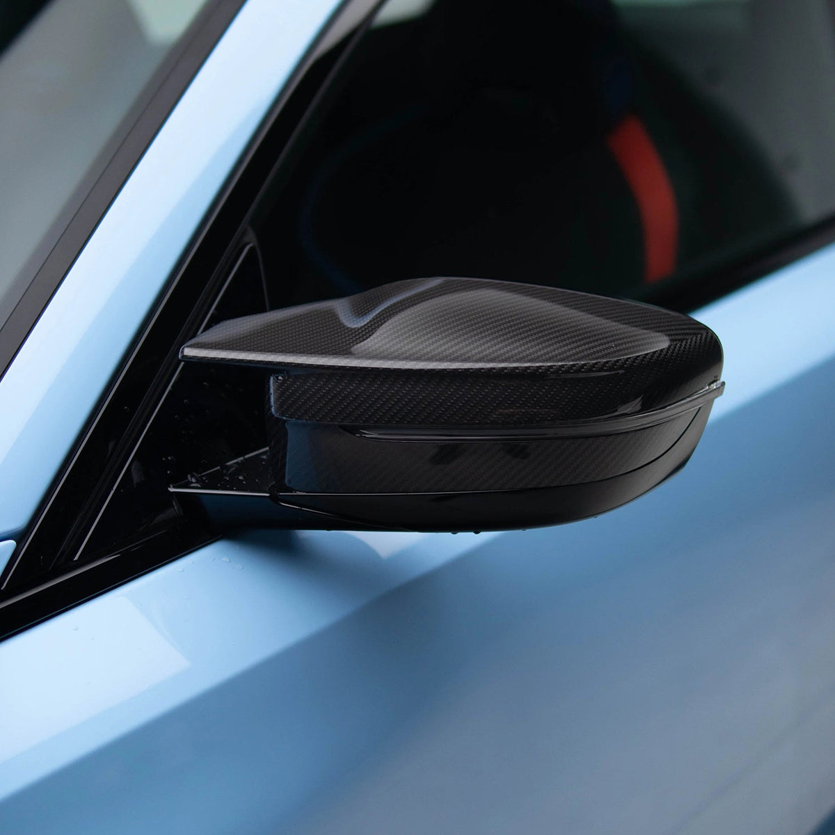 BMW G80 M3 and G82/G83 M4 carbon fiber mirror caps featuring OEM style, Palenon Performance CF mirror cover for enhanced sport look.