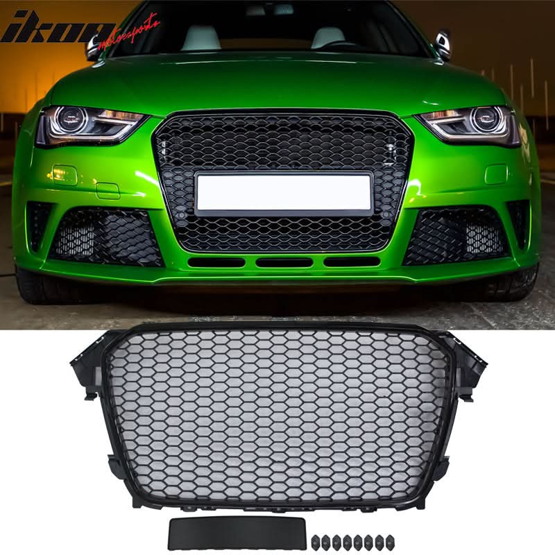 Black ABS front hood grille for 2013-2016 Audi A4 RS4 style by K2 Industries, shown with a close-up view.