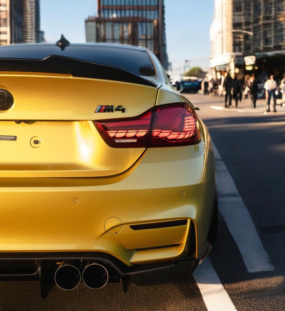 GTS OLED sequential tail light for BMW M4 F82, F83, F32, F33, F36 BMW 4 Series by Palenon Performance, showing illuminated LED design