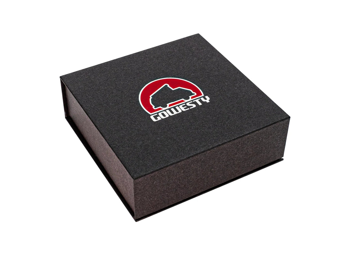 Closed box of GoWesty flywheel seal installation tool for Bus and Vanagon models, used for engine maintenance and repair.