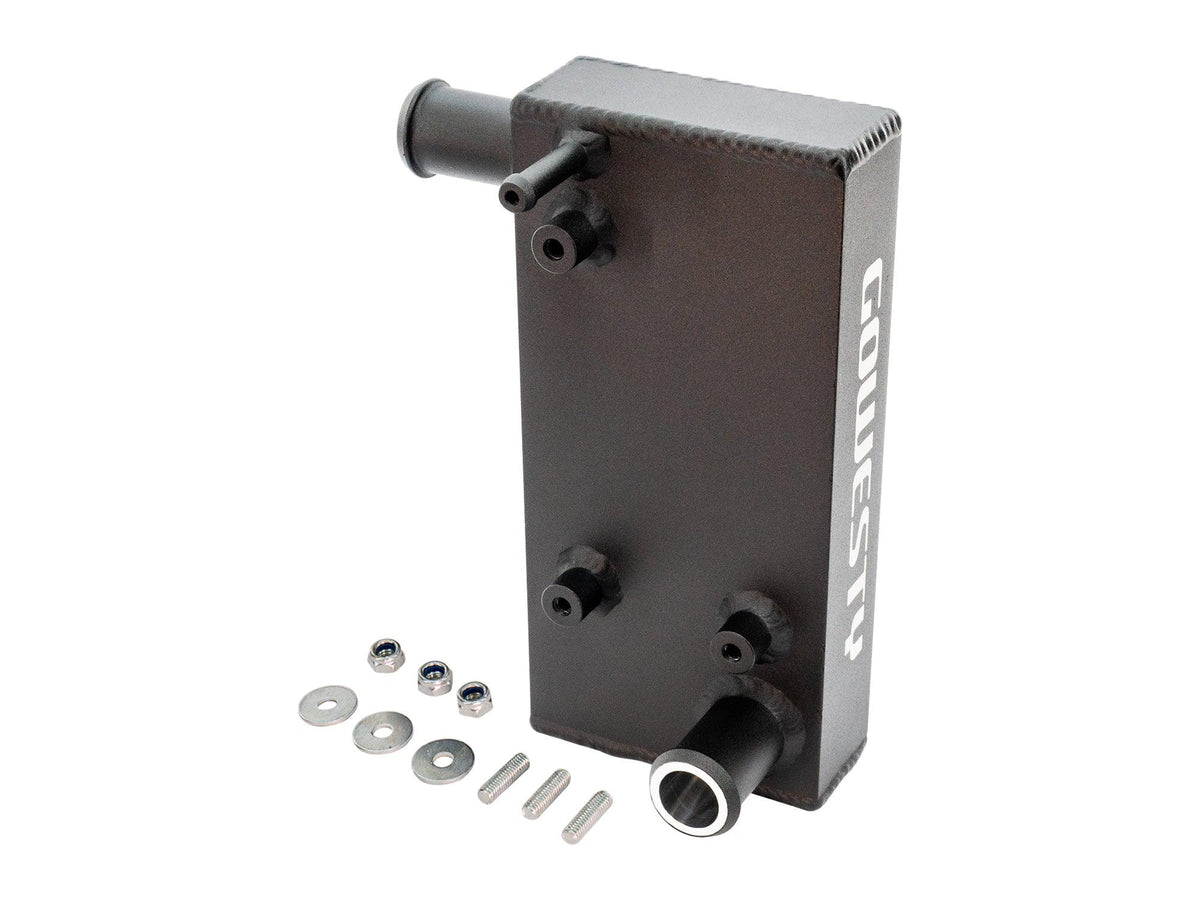 Aluminum coolant junction for 2WD Waterboxer engine cooling system by GoWesty, shown with mounting hardware.