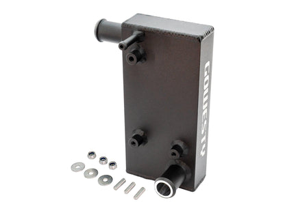 Aluminum coolant junction for 2WD Waterboxer engine cooling system by GoWesty, shown with mounting hardware.